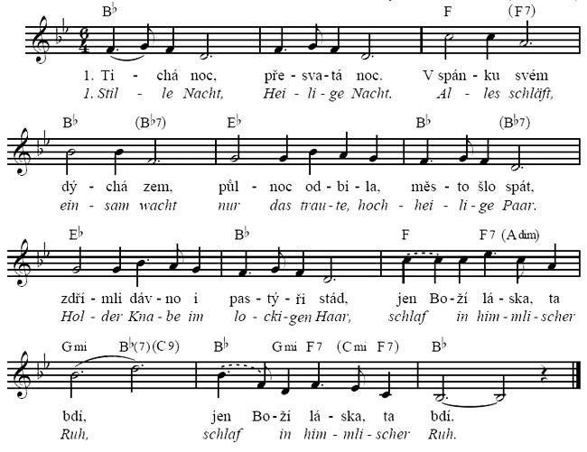Vánoční koleda Tichá noc text s akordy a notami.