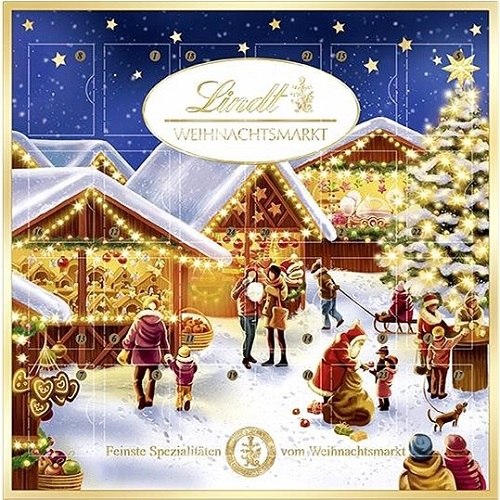 Lindt kalendář k adventu s motivem vánočních trhů.