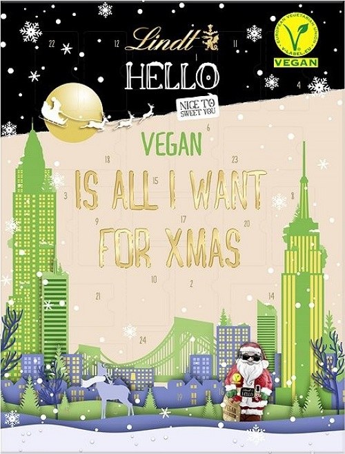 Veganský kalendář k adventu Lindt s obrázkem města.