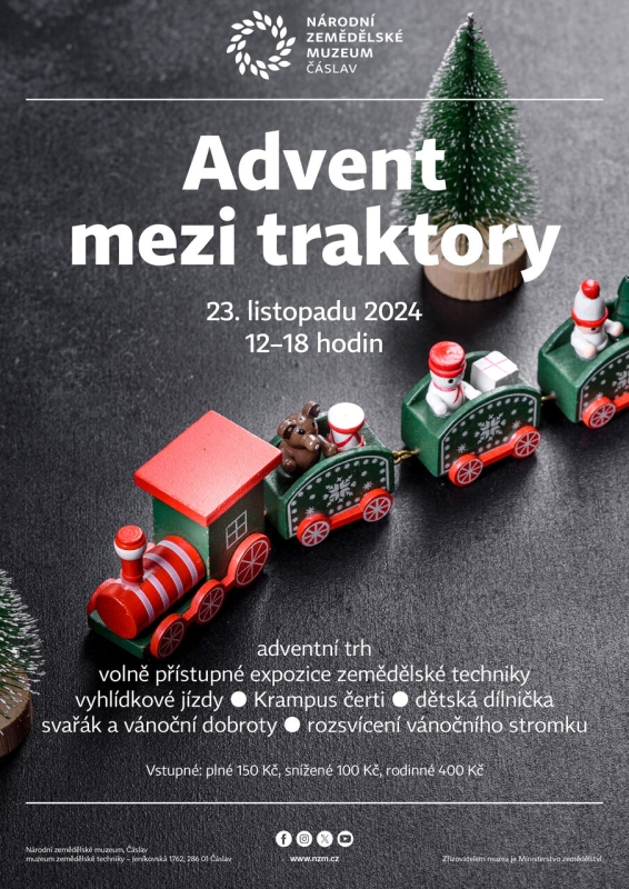 Plakát na Advent mezi traktory.