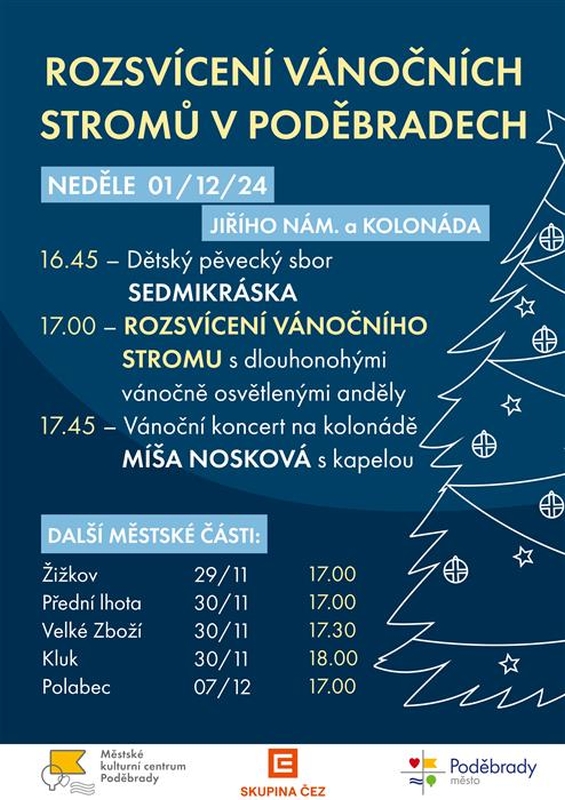 Plakát na rozsvícení vánočních stromů v Poděbradech.