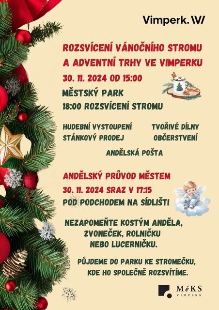 Plakát na Adventní trhy v městském parku Vimperk.